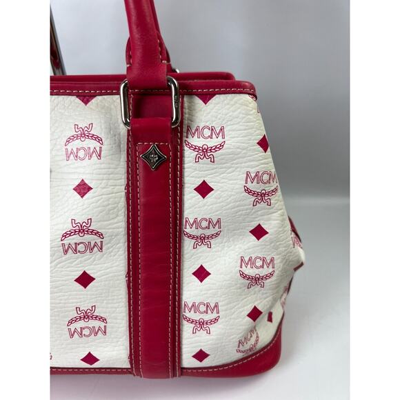MCM Handbag White/ Red Leather Boston Bag Small Tote Purse - Picture 4 of 16